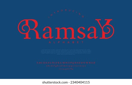 Ramsay premium luxury elegant alphabet letters and numbers. Elegant wedding typography classic serif font decorative vintage retro. Creative vector illustration