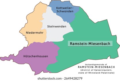 Mapa de Ramstein-Miesenbach verbandsgemeinde do distrito de Kaiserslautern na Renânia-Palatinado (Renânia-Palatinado) na Alemanha. Vetorizado. Cores retroativas