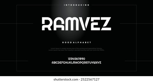 Ramves Modern abstract digital alphabet font. Minimal technology typography, Creative urban sport fashion futuristic font and with numbers. vector illustration