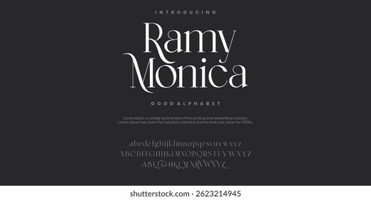 Ramy Monica Elegant Font Uppercase Lowercase And Number. Classic Lettering Minimal Fashion Designs. Typography modern serif fonts regular decorative vintage concept. vector illustration
