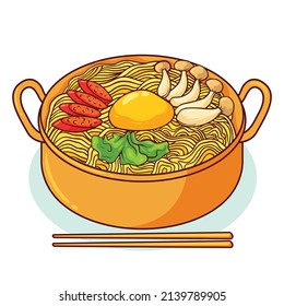 Ramyeon is a typical Korean food. This food consists of noodles, eggs, mushrooms and so on.