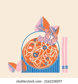 Ramyun or ramen. Traditional Asian, Japanese, Korean meal with noodles, shrimps, chopsticks and broth. Cartoon colorful vector illustration