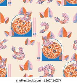 Ramyun or ramen. Traditional Asian, Japanese, Korean meal with noodles, shrimps, chopsticks and broth. Cartoon colorful vector seamless pattern, background, print