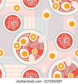 Ramyun or ramen. Traditional Asian, Japanese, Korean meal with noodles, eggs and broth. Cartoon colorful vector seamless pattern, background, print