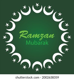 Ramzan Mubarak crescent moon and white color star arranged in circular pattern with typography in the centre on vignetted green color background.