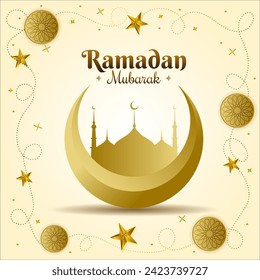 ramzan mubarak greeting with islamic mosque structure and eid moon vector