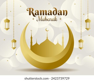 ramzan mubarak greeting with islamic mosque structure and eid moon vector