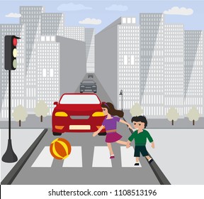 ?hildren ran on road, when was red traffic light. Dangerous behavior of children