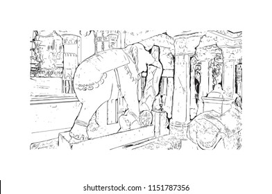 Ranakpur Jain temple is a renowned Jain temple at Ranakpur is dedicated to Tirthankara Rishabhanatha, Rajasthan, India. Hand drawn sketch illustration in vector.
