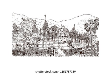 Ranakpur Jain temple is a renowned Jain temple at Ranakpur is dedicated to Tirthankara Rishabhanatha, Rajasthan, India. Hand drawn sketch illustration in vector.