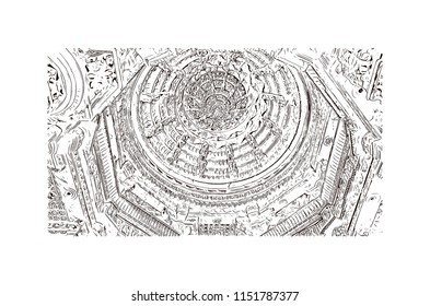 Ranakpur Jain temple is a renowned Jain temple at Ranakpur is dedicated to Tirthankara Rishabhanatha, Rajasthan, India. Hand drawn sketch illustration in vector.