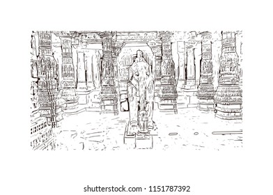 Ranakpur Jain temple is a renowned Jain temple at Ranakpur is dedicated to Tirthankara Rishabhanatha, Rajasthan, India. Hand drawn sketch illustration in vector.