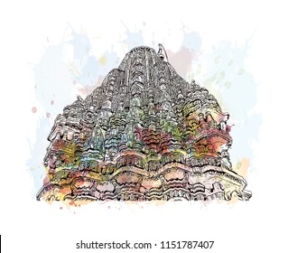 Ranakpur Jain temple is a renowned Jain temple at Ranakpur is dedicated to Tirthankara Rishabhanatha, Rajasthan, India. Watercolor splash with Hand drawn sketch illustration in vector.