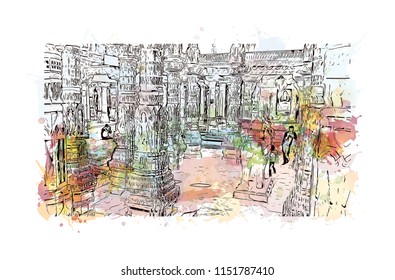 Ranakpur Jain temple is a renowned Jain temple at Ranakpur is dedicated to Tirthankara Rishabhanatha, Rajasthan, India. Watercolor splash with Hand drawn sketch illustration in vector.
