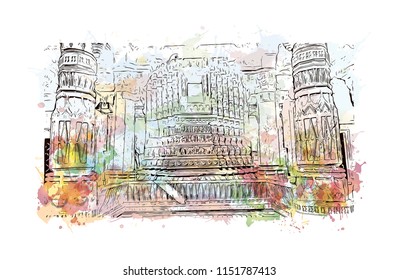 Ranakpur Jain temple is a renowned Jain temple at Ranakpur is dedicated to Tirthankara Rishabhanatha, Rajasthan, India. Watercolor splash with Hand drawn sketch illustration in vector.