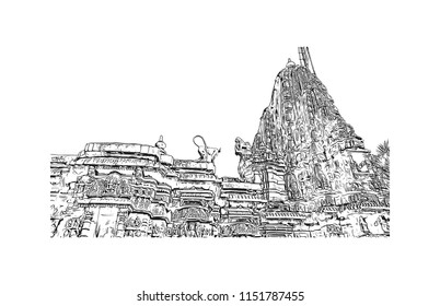 Ranakpur Jain temple is a renowned Jain temple at Ranakpur is dedicated to Tirthankara Rishabhanatha, Rajasthan, India. Hand drawn sketch illustration in vector.
