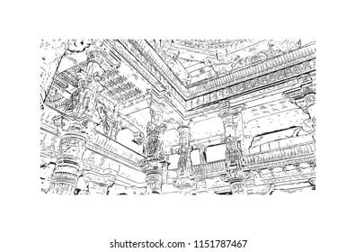 Ranakpur Jain temple is a renowned Jain temple at Ranakpur is dedicated to Tirthankara Rishabhanatha, Rajasthan, India. Hand drawn sketch illustration in vector.