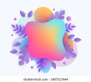 Ranbow abstract spots and blobs with plants leaves banner vector illustration isolated on white background. Ready element for advertising and sale event design.