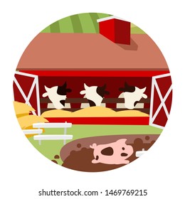 Ranch breeding flat concept icon. Livestock & cattle farming. Dairy farm and meat production. Agricultural animals. Pigs and cows sticker, clipart. Isolated cartoon illustration on white background