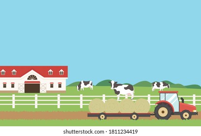 Ranch, cattle and tractor. Vector illustration