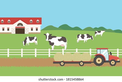 Ranch, cattle and tractor. Vector illustration