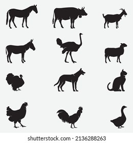 Ranch farm animals collection vector silhouette