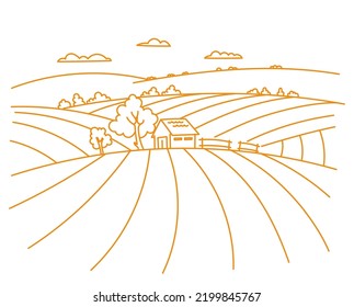 Ranch field. Barn farm. Agricultural landscape. Editable stroke.