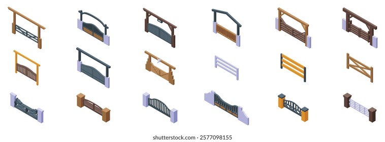 Ranch gate icons set. Isometric set of gates providing security and access control for properties, farms, or gardens