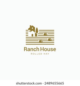 Ranch Haus mit gerollten Heuballen Logo-Design. Vektorgrafik Bauernhaus Ackerfeld Minimal Illustration