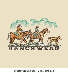 Ranch Illustration Cowboy Grafik Pferd Design Bauernhof Vintage Western Kuh Wüste T-Shirt