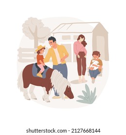 Ranch isolated cartoon vector illustration Family visiting ranch, kid riding pony, sitting on a horse, wearing cowboy hat, dairy farm field trip, having fun at countryside vector cartoon.