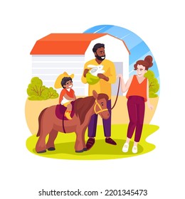 Ranch Isolated Cartoon Vector Illustration. Family Visiting Ranch, Kid Riding Pony, Sitting On A Horse, Wearing Cowboy Hat, Dairy Farm Field Trip, Having Fun At Countryside Vector Cartoon.