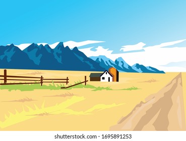 Ranch with the mountain view grass barn and blue sky for d background  illustration and image