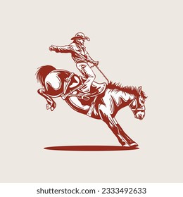 ranch rodeos. Illustration of a rodeo riding a horse with stunning stunts and it's really cool with a cowboy hat and one hand holding the reins and the other waving.