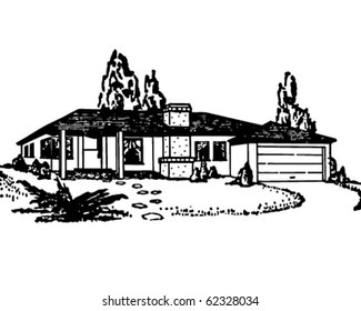 Rancher Bungalow - Retro Clipart Illustration