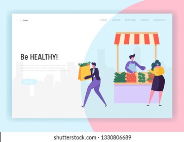 Rancher Nature Good Food Store Concept Landing Page. Man and Woman Customer Character Buy Carrot Tomato Broccoli Website or Web Page. Healthy Ecomarket Flat Cartoon Vector Illustration