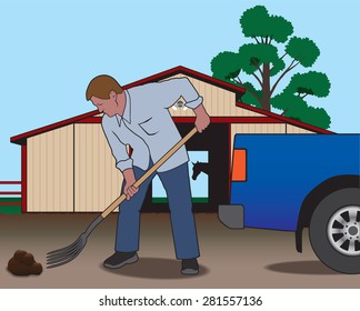 Rancher using pitchfork to clean up after horse