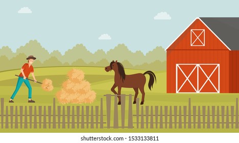 Rancher working in farmyard vector illustration. Young farmer feeding horse with hay cartoon character. Livestock technician working with pitchfork, harvesting food for stallion near barn house
