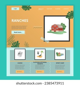 Ranches flat landing page website template. Casino, clothing optional resort, sport camp. Web banner with header, content and footer. Vector illustration.