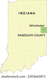 Ubicación del condado Randolph y la ciudad de Winchester en el mapa estatal de Indiana