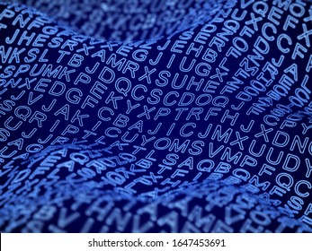 Letras digitales al azar del alfabeto inglés en 3D en la superficie de la onda digital. Carta cifrada: concepto de seguridad de la información y privacidad de los datos. Fondo abstracto de criptografía. Ilustración vectorial.