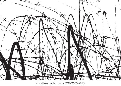 Un arañazo negro abstracto aleatorio sobre fondo blanco. Las formas de doodle dibujadas a mano dibujan trazos, curvas y líneas. Arte de líneas de impresión abstracción minimalista en blanco y negro. Vector.