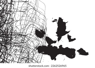 Un arañazo negro abstracto aleatorio sobre fondo blanco. Las formas de doodle dibujadas a mano dibujan trazos, curvas y líneas. Arte de líneas de impresión abstracción minimalista en blanco y negro. Vector.
