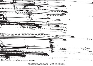 Random abstract black scratch on white background. Hand drawn doodle shapes patterns scribbles spots, curves and lines. Minimalist abstraction print line art in black and white. Vector.