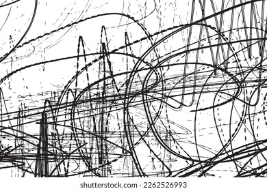 Random abstract black scratch on white background. Hand drawn doodle shapes patterns scribbles spots, curves and lines. Minimalist abstraction print line art in black and white. Vector.