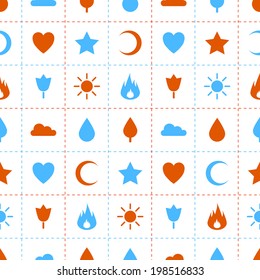 Random abstract blue and ogange icons seamless pattern. Flame, flower, sun, tree, cloud, water drop, star, heart, crescent. Vector background for web page postcards, greeting cards, invitations.