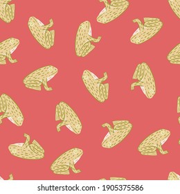 Random abstract childish animal seamless pattern with simple green contoured frog shapes. Pink background. Stock illustration. Vector design for textile, fabric, giftwrap, wallpapers.