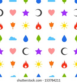 Random abstract icons seamless pattern. Flame, flower, sun, tree, cloud, water drop, star, heart, crescent. Vector background for web page postcards, greeting cards, invitations. For children bedroom.