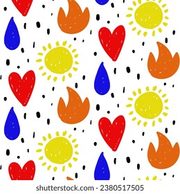 Iconos abstractos aleatorios con un patrón impecable. Una llama, una gota de carro, el sol, un corazón blanco. Fondo vectorial para postales de páginas web, tarjetas de felicitación, invitaciones. Para la habitación de los niños