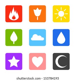 Random abstract icons set. Flame, flower, sun, tree, cloud, water drop, star, heart, crescent moon. Vector icons for your web design, phone.